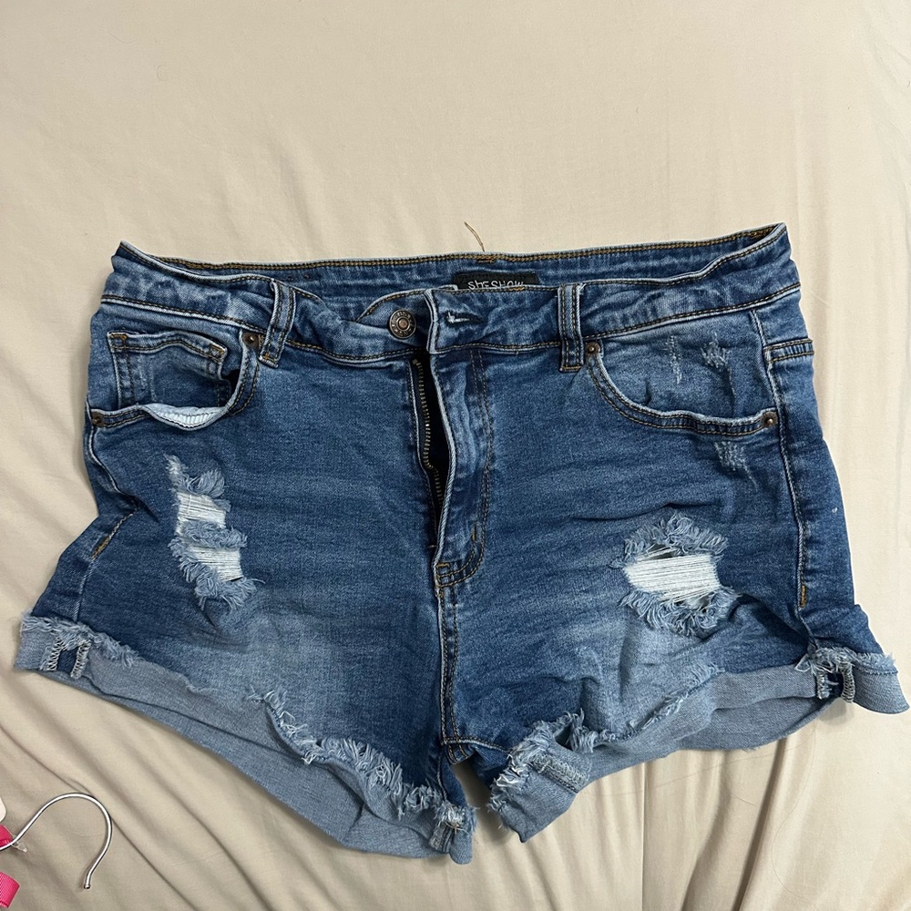 Blue Distressed Jean Shorts with Cuffed Hem